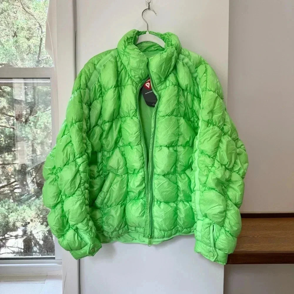 NWT Free People Pippa Packable Puffer Jacket Scrunchy Glossy Coat Green Medium